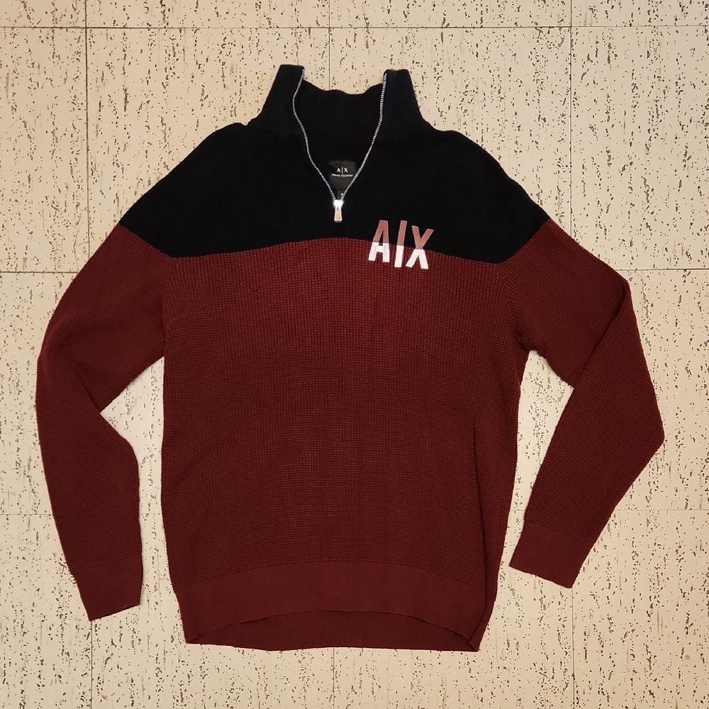 Armani Exchange Waffle Knit Embroidered Logo 1/4 Zip Sweater Red, Black & White
